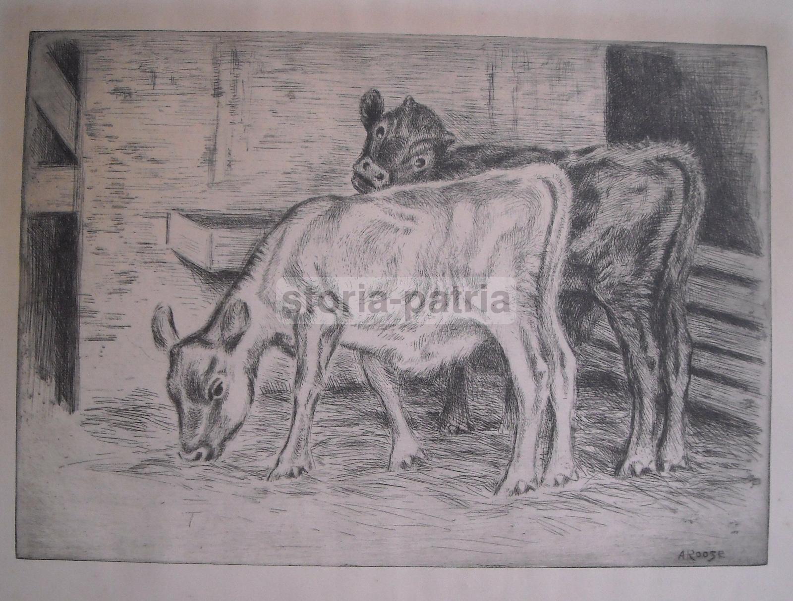 Arte, Antica Suggestiva Incisione, Stalla Con Bovini, Artista Roose, Decorativa, Rara immagine 1