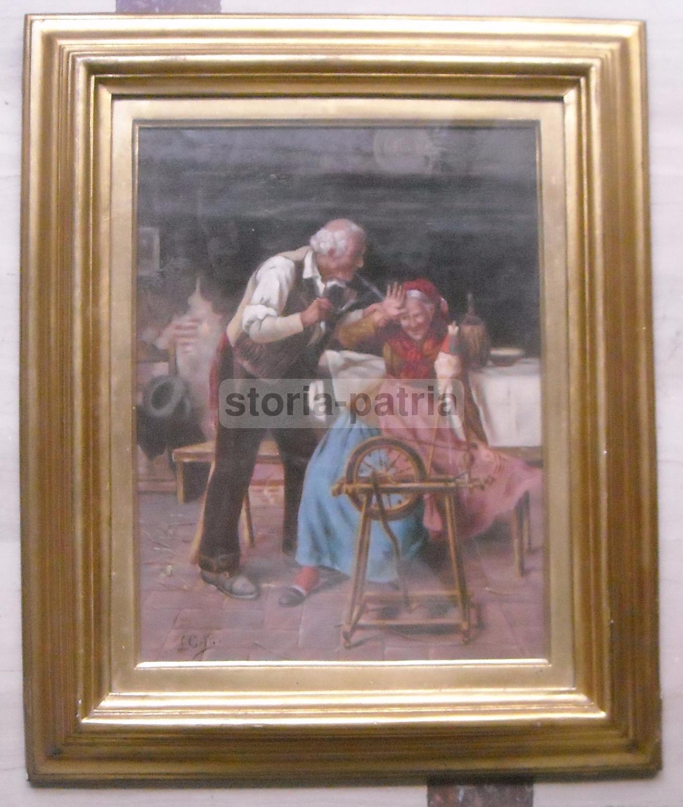 Bella Veduta Di Interno, Folkloristica Scena Popolare, Dipinto, Anziana Filatrice immagine 1