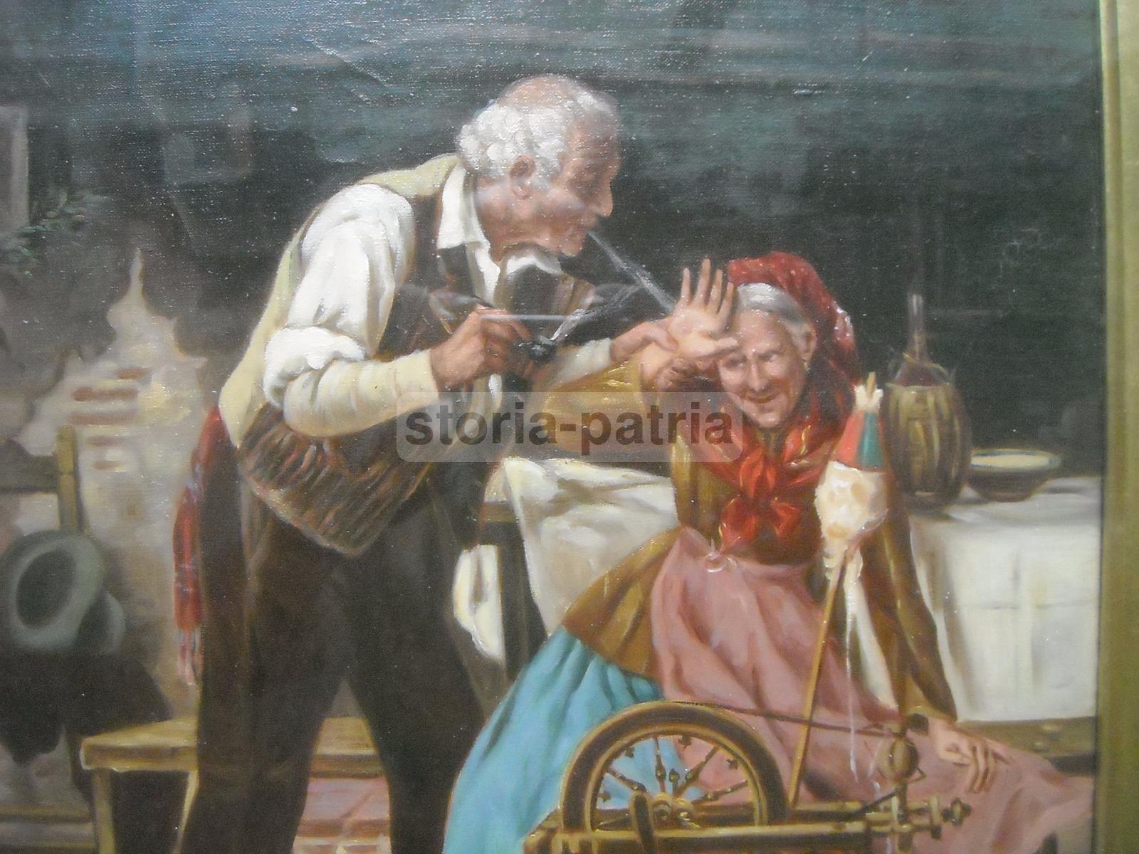 Bella Veduta Di Interno, Folkloristica Scena Popolare, Dipinto, Anziana Filatrice immagine 2