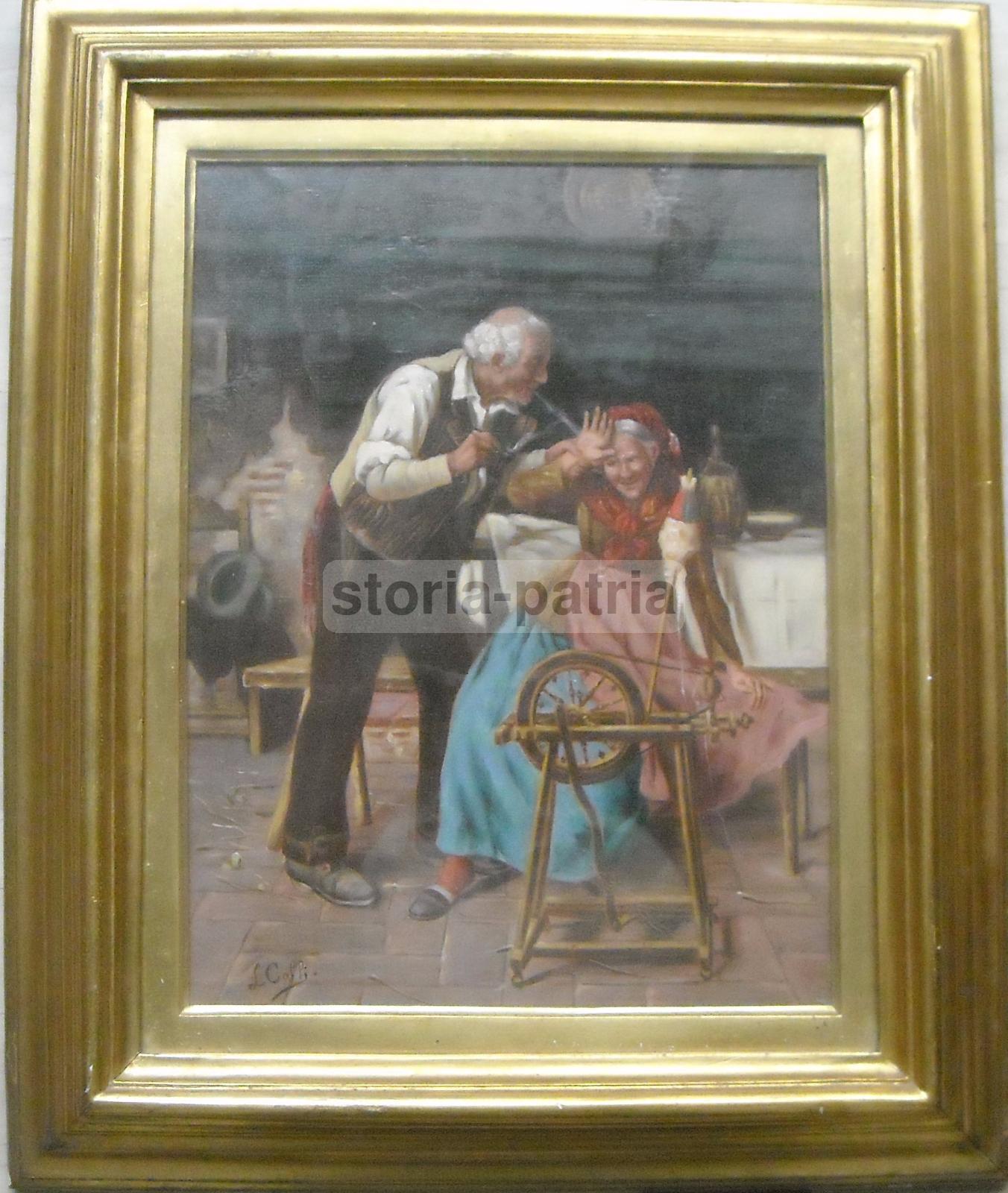Bella Veduta Di Interno, Folkloristica Scena Popolare, Dipinto, Anziana Filatrice immagine 3