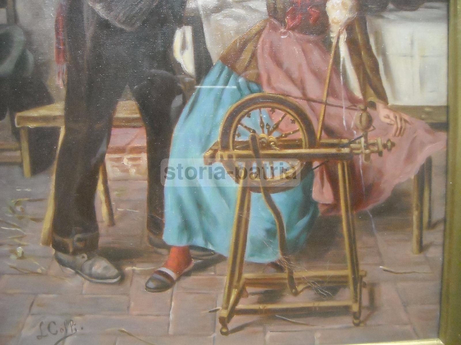 Bella Veduta Di Interno, Folkloristica Scena Popolare, Dipinto, Anziana Filatrice immagine 5