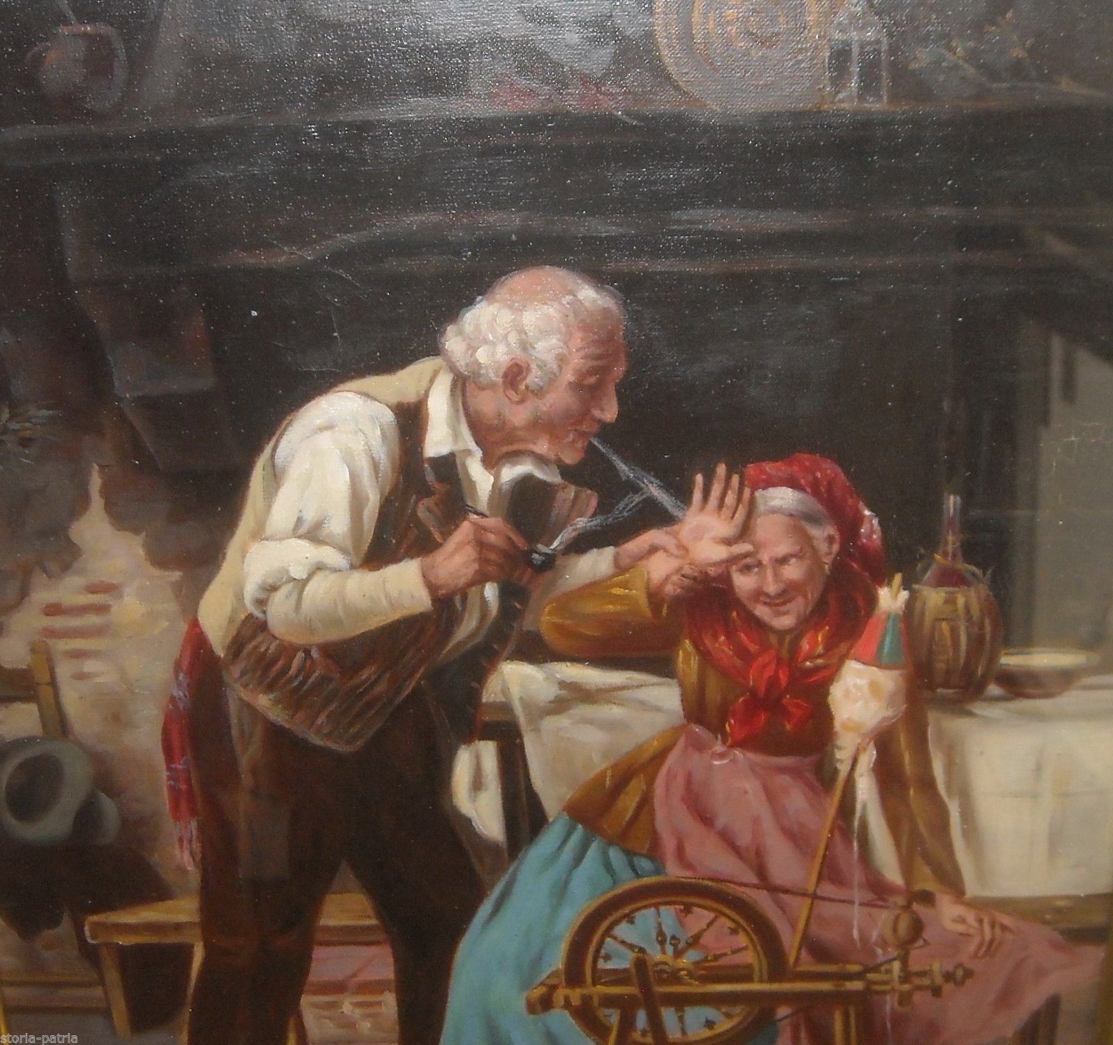 Bella Veduta Di Interno, Folkloristica Scena Popolare, Dipinto, Anziana Filatrice immagine 7