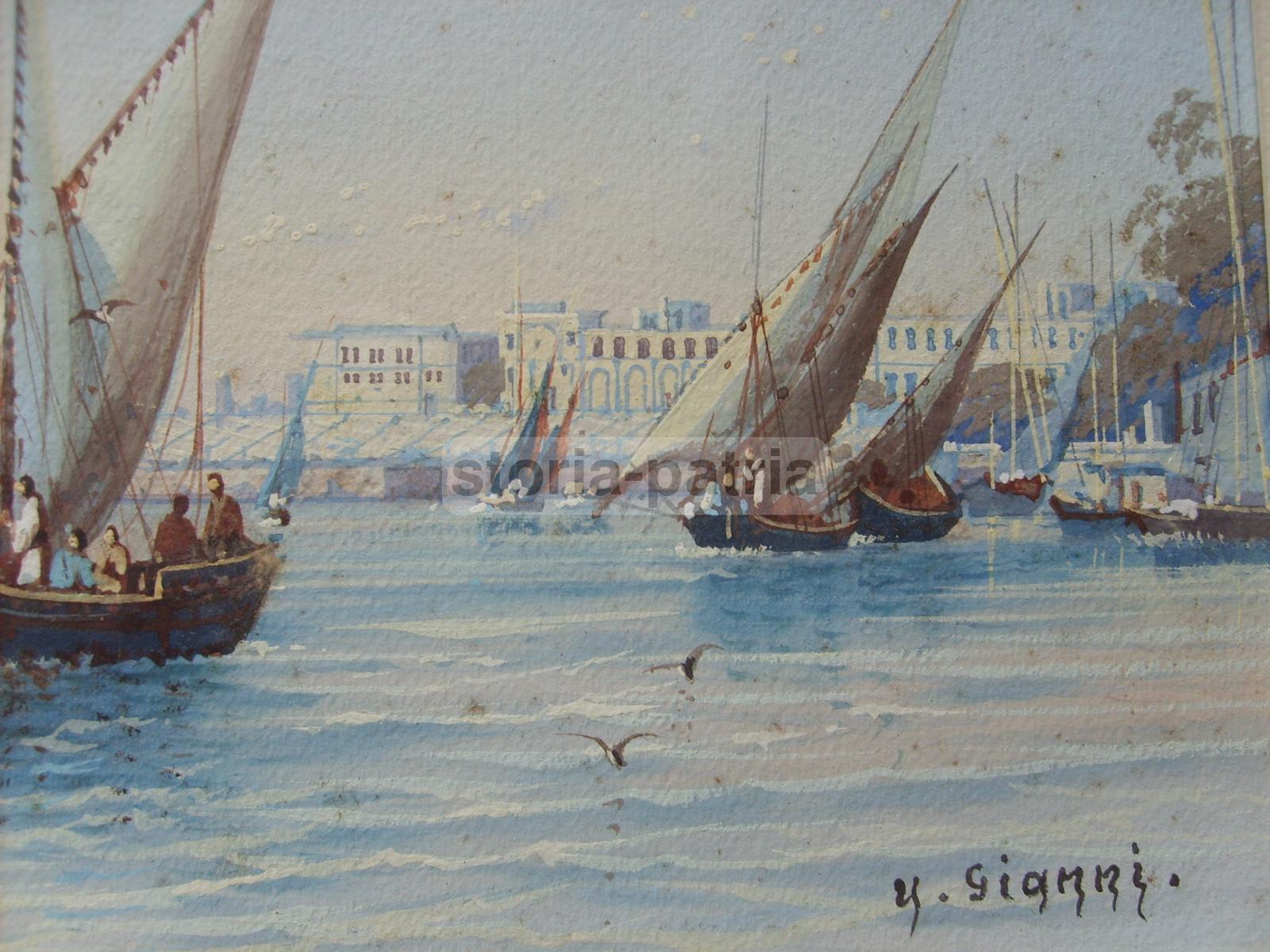 Veduta Portuale Con Barche, Acquarello Da Collezione, Artista Gianni, Decorativo immagine 2